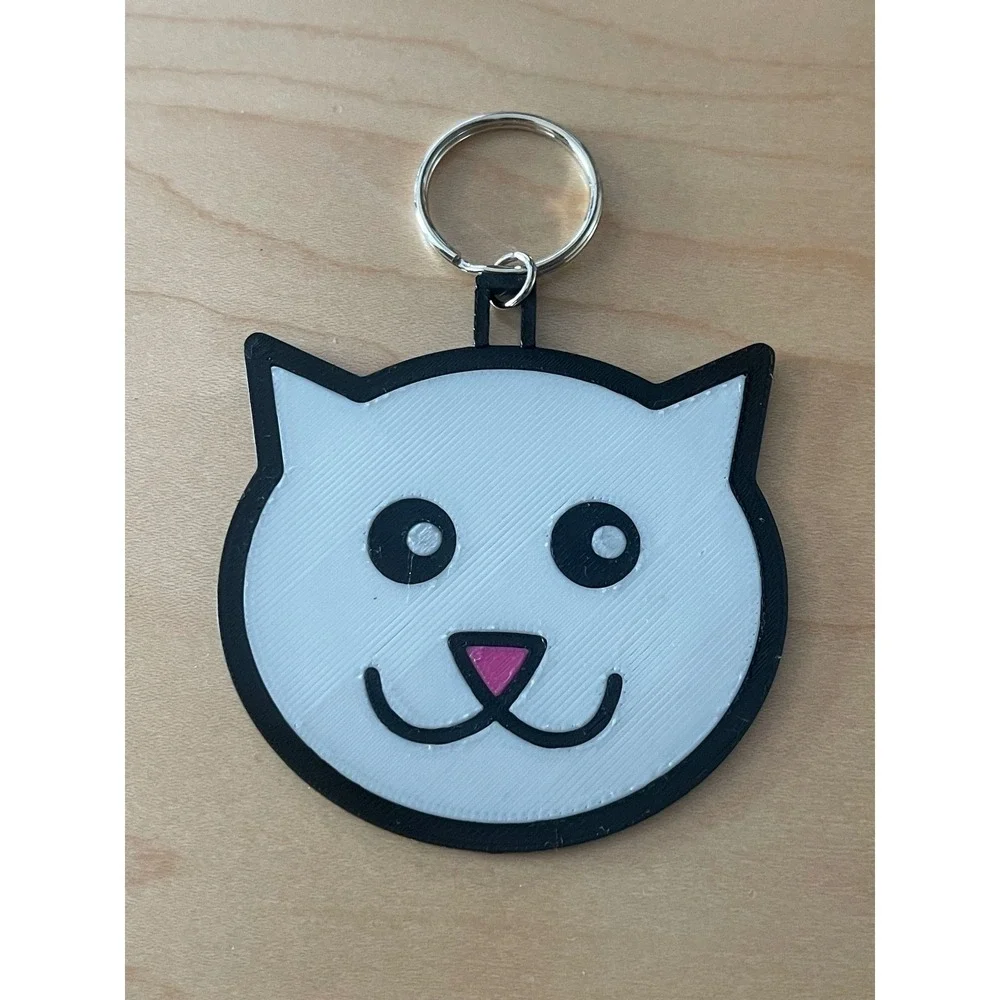 White And Black 3D Printed Plastic Cute Cat Head Charm Keychain ~  New